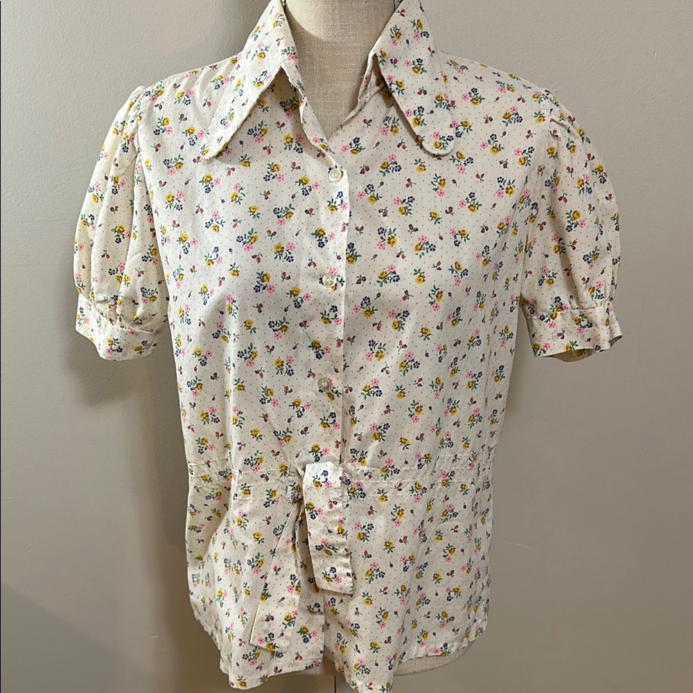 Vintage‎ Floral Button-Up Blouse Tie Waist Miss Holly
